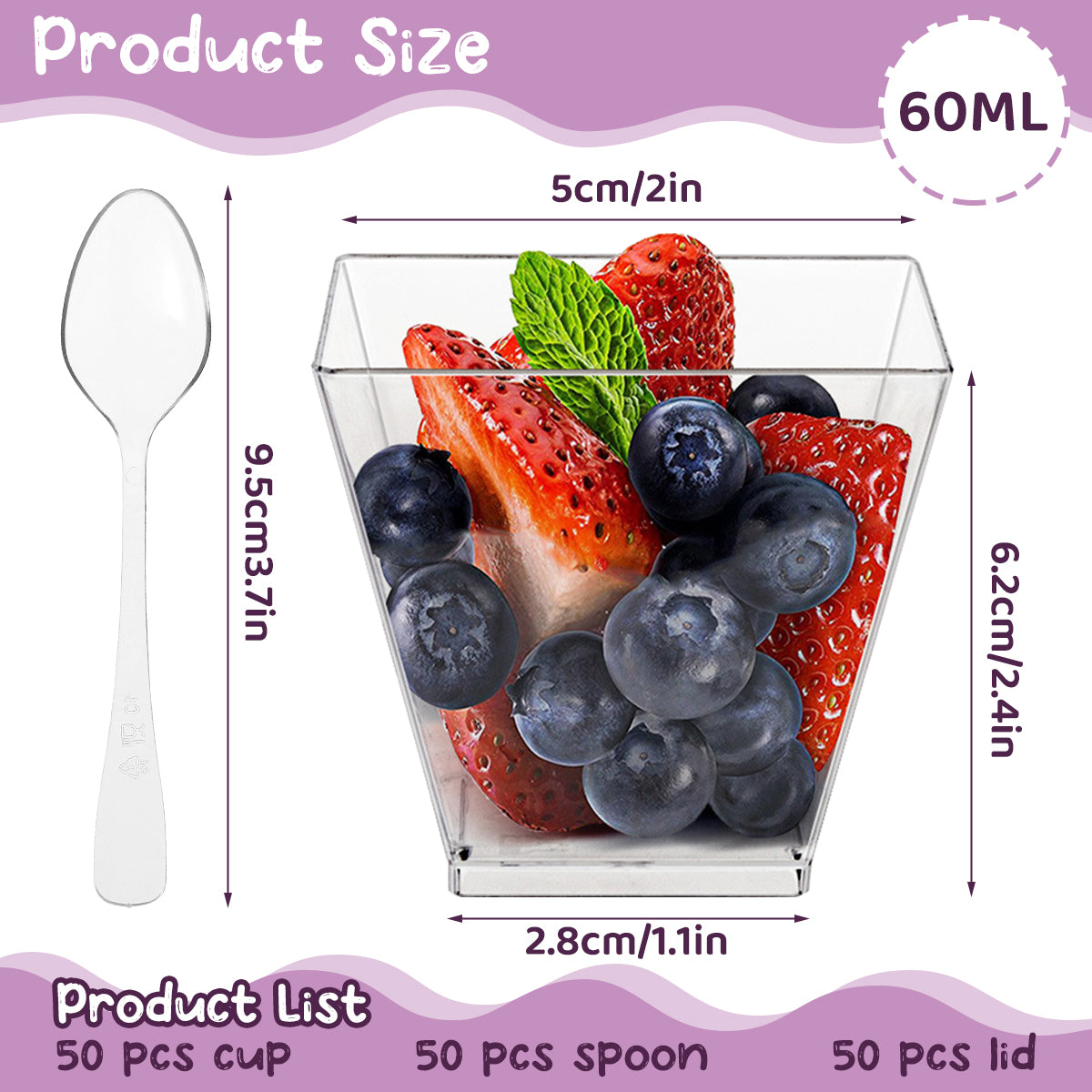 50Pcs Mini Dessert Cups with Lids Spoons 2oz/60ml Mini Reusable Dessert Pots Clear Plastic Cup Washable Dessert Square Cups