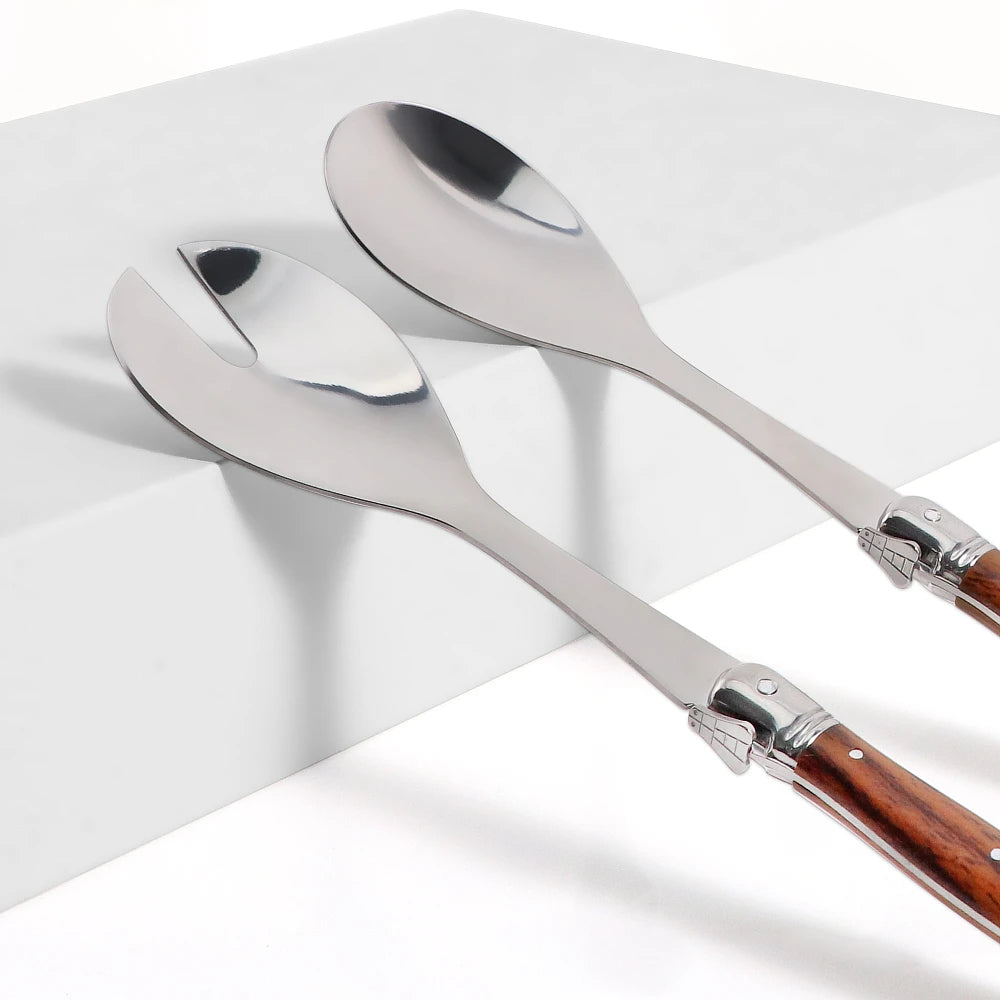 2pc/Set Stainless Steel Salad Spoons Laguiole Style Salad Stirring Spoon Slotted Spoon Wood Grain Plastic Salad Serving Utensils