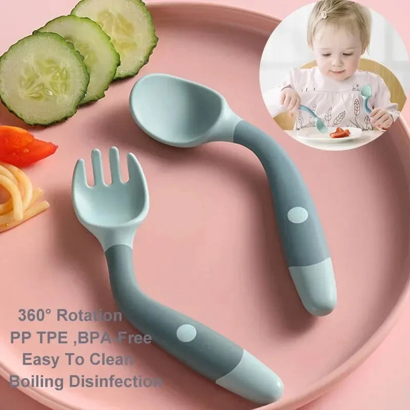 1 Pair Silicone Spoon for Baby Bendable Soft Fork Children Feeding Training Tableware Silicone Soft Fork Spoon Set Tableware