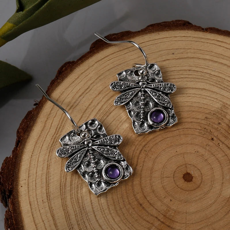 Amethyst Drop Earrings Boho Dragonfly Dangle Earrings For Women Unique Artisan Handmade Jewelry