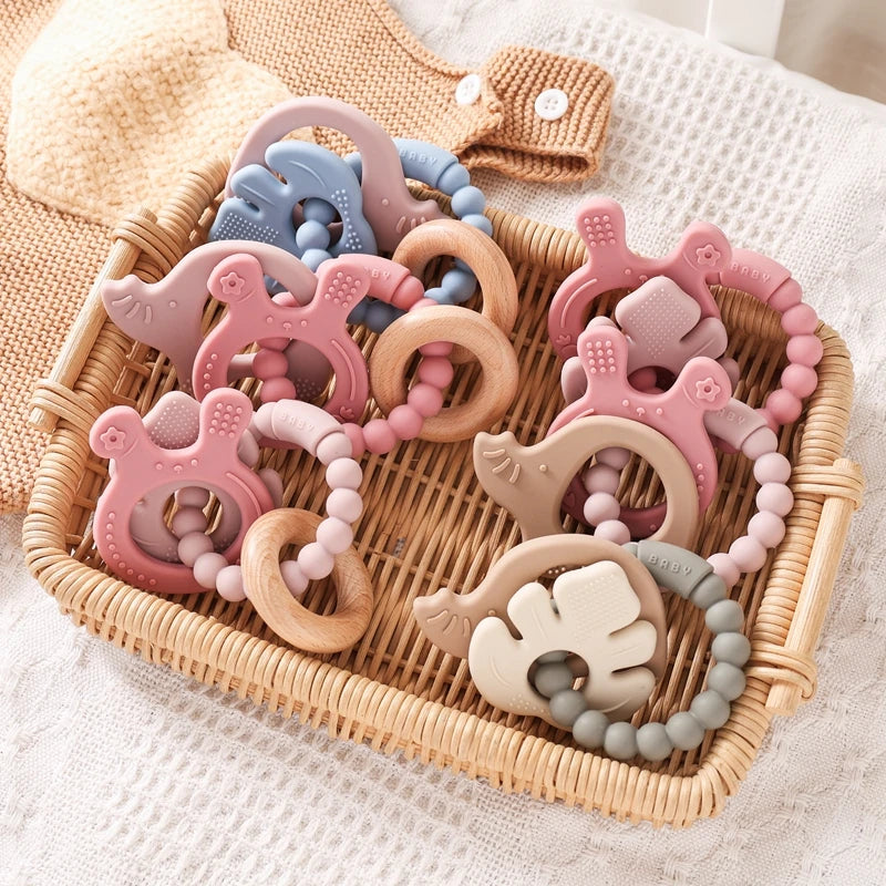 Baby Silicone Teethers Rattle Toys Newborn Chew Food Grade Teethers Training Bed Toy Baby Silicone Soothing Toy Accessories Gift