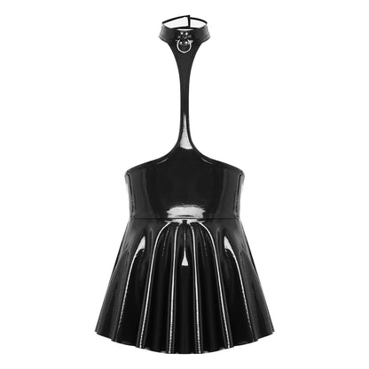 Womens Patent Leather Halter Latex Dress Wet Look Bare Breast Exposing Patent Leather Open Chest Halter Ruffled Latex Dresses