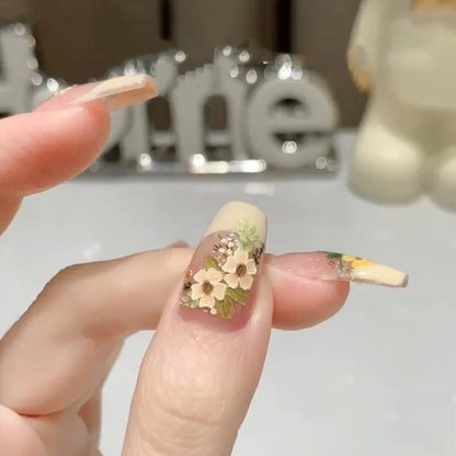 10Pcs Yellow Handmade Press-On Nails with Bee&Floral Relief Designs French False Nails Perfect for Spring&Everyday Stylish Wear