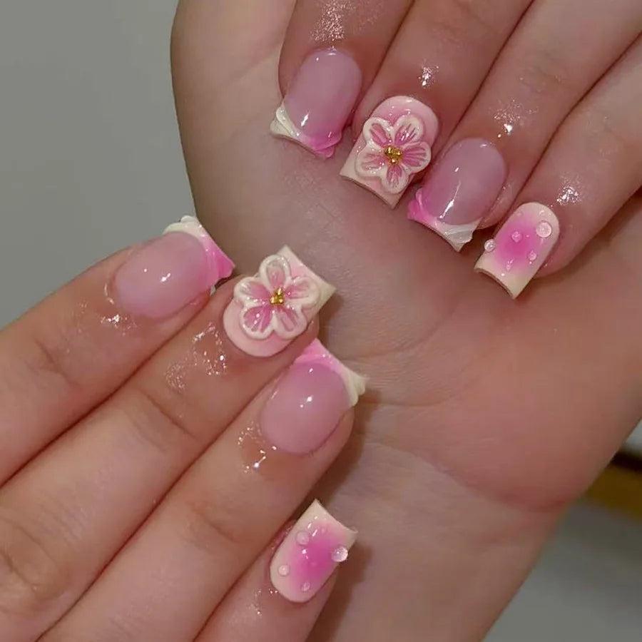 24pcs Blush Pink French Press On Nails Hand-painted White Flower Gold Ball Designs Fake Nail Short Square Korean False Nail Tips