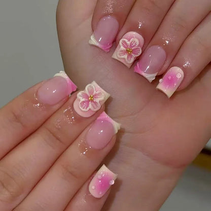 24pcs Blush Pink French Press On Nails Hand-painted White Flower Gold Ball Designs Fake Nail Short Square Korean False Nail Tips