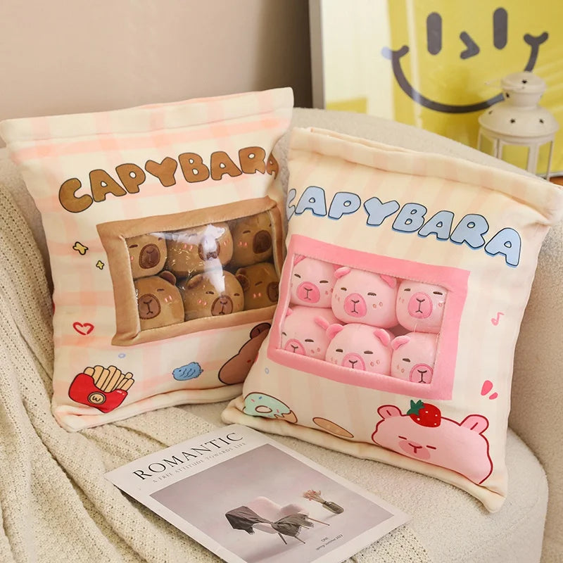 A Plushies Bag Pudding Toys Puff Balls Mini Cute Stuffed Animal Capybara Doll Removable Set Plush Pillow Snack Cushion Kids Gift