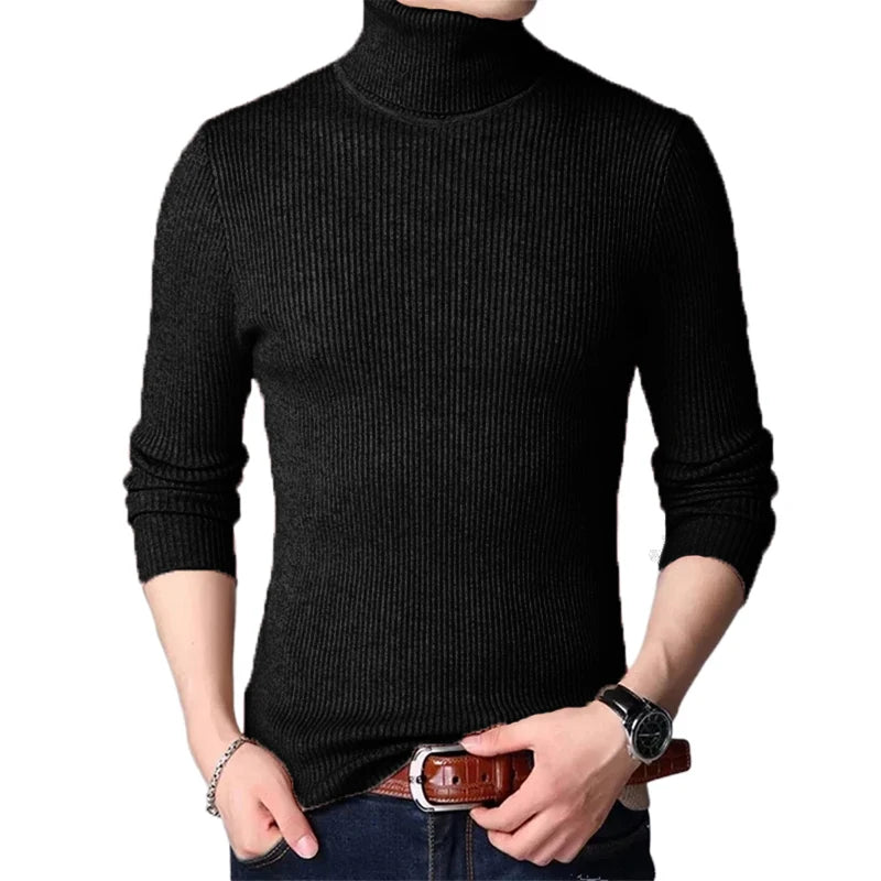 Streetwear Autumn Men's Long Sleeved Turtleneck Sweater Stripes Knitted Oversized Sweaters Homme Solid Color Basic Sweater Men