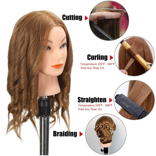 100% Human Hair Mannequin Head for Cosmetology Styling Training Practice Can Be Curled Straighten Professional Mannequin Head