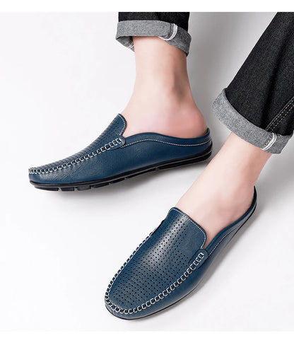 Closed Toe Half Shoes for Men Black Blue Mules Slippers Slip on Genuine Cowhide Leather Luxury Flat Sandals Man Summer 2025