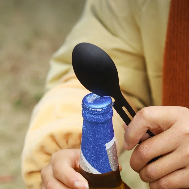 5-in-1 Camping Multi-Tool Kit - Survival EDC Gear with Fork, Knife, Spoon & Bottle Opener, Compact Outdoor Adventure Essentials