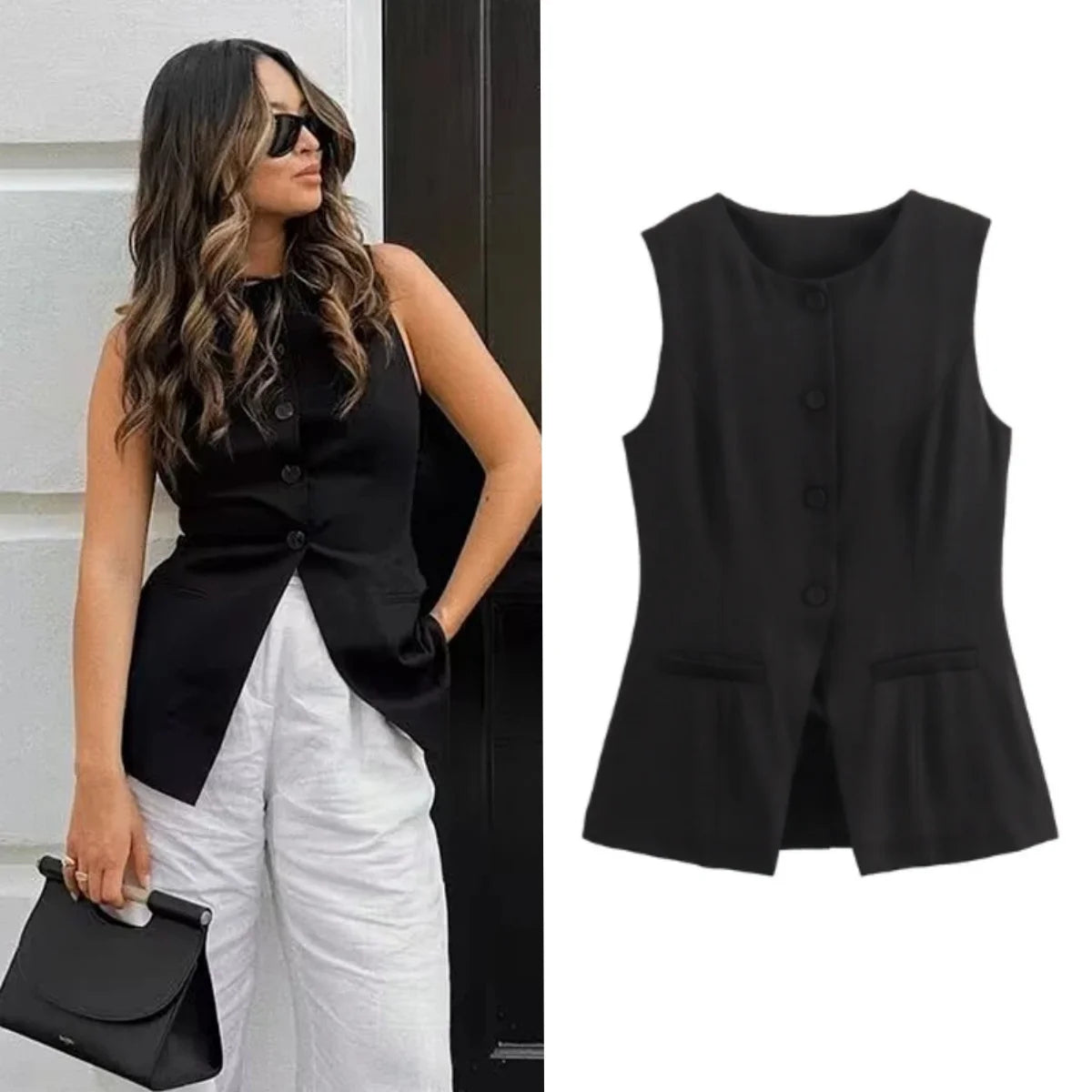 2025 Office Blazer Vest | 2-Color Stretch Waistcoat for Summer Women Workwear | Breathable Linen with Hidden Pockets