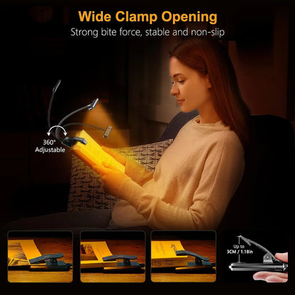 LED Book Light Reading Light Eye Caring Clip-on USB Rechargeable Dimmable Light Lamp Adjustable Flexible Night Reading Lamp