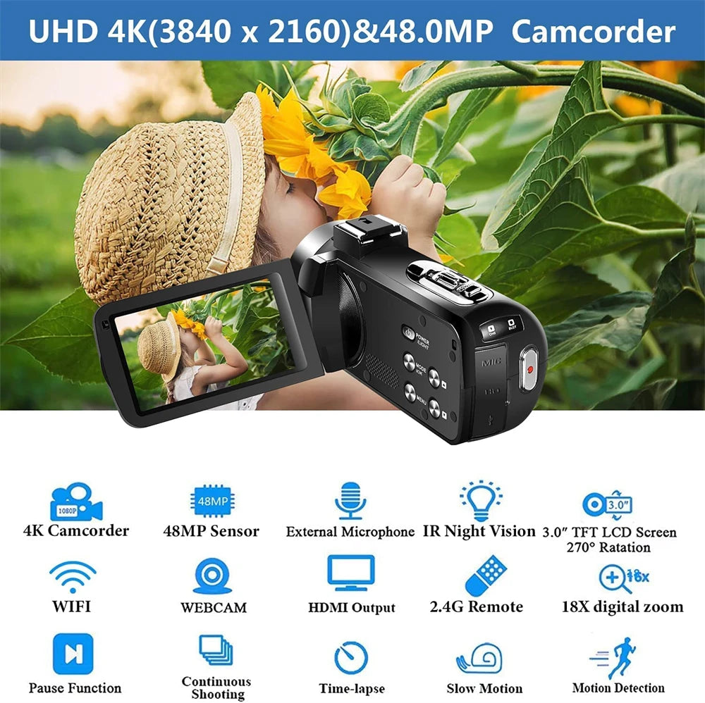 4k Professional Camcorder for Youtube Tiktok and Vlog Streaming with16x Digital Zoom Wifi Infrared Night Vision Video Cameras