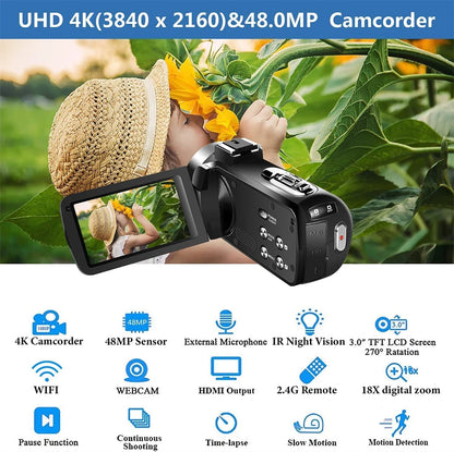 4k Professional Camcorder for Youtube Tiktok and Vlog Streaming with16x Digital Zoom Wifi Infrared Night Vision Video Cameras