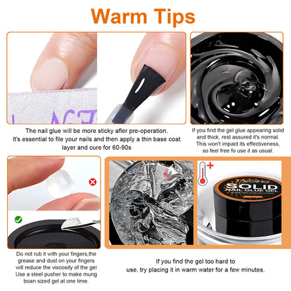 30g Solid Nail Glue Gel for False Nail Tips, Huge Capacity Press on Nail Glue Strong Adhesive Solid Rhinestone Glue Gel UV Glue