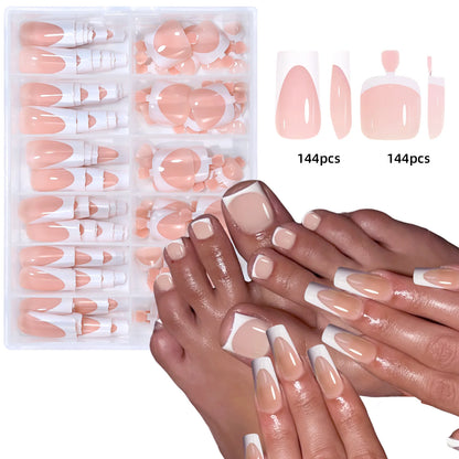 144pcs French hand and foot wear nail set summer short square shiny false toenail acrylic full coverage suitable for nail salon