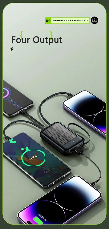 20000mAh High Capacity Solar Power Bank Built 4 Cables Fast Charger 2 USB Ports Portable External Powerbank LED Light Powerbank