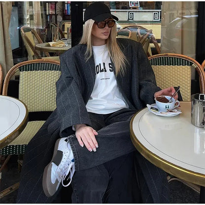 Retro Striped Lapel Woolen Long Coat Women Casual Loose Dark Grey Oversize Coats Female Winter Elegant Chic Outwear