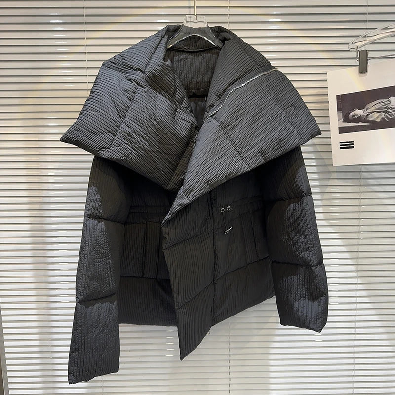 Winter Big Turn Down Collar Long Down Jacket Drawstring Striped Thick Knee Length Overcoat Warm White Duck Down Jacket Women