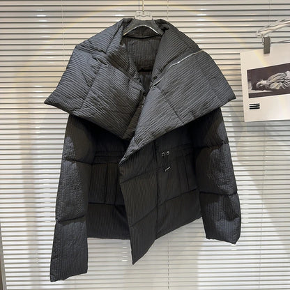 Winter Big Turn Down Collar Long Down Jacket Drawstring Striped Thick Knee Length Overcoat Warm White Duck Down Jacket Women