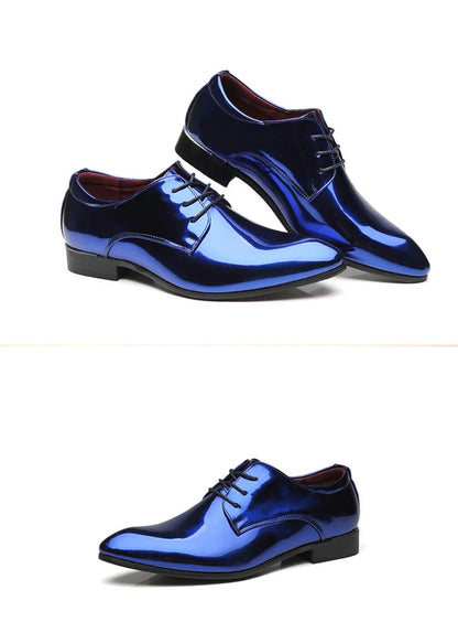 Fashion Trend Patent Leather Men Wedding Shoes Gold Blue Red White Oxfords Shoes Designer Pointed Toe Dress Shoes Big Size 37-48