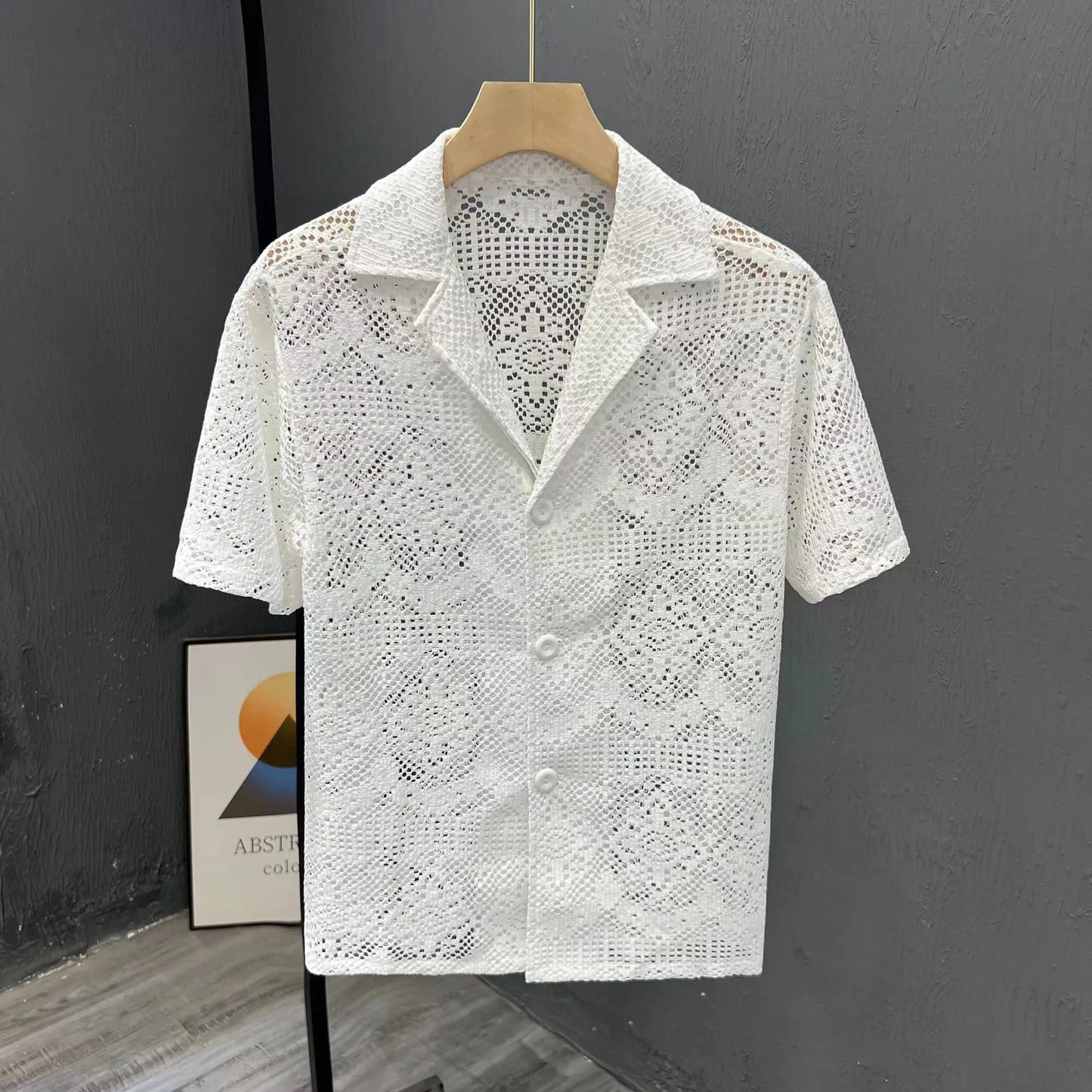 Vintage Ice Silk Lace Shirts For Men Sexy Lace Breathable Hollow Out Tops Summer Fashion Cuban Collar Short Sleeved Shirt Male