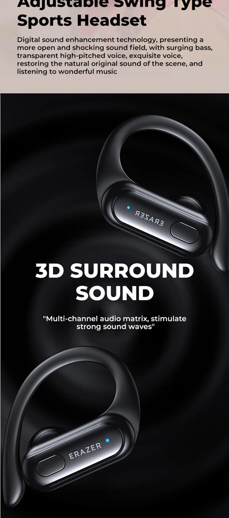 ERAZER XT60PRO Sports Wireless Headphones Bluetooth  Earphones Earbuds Noise Reduction Headset with Mic Earhook