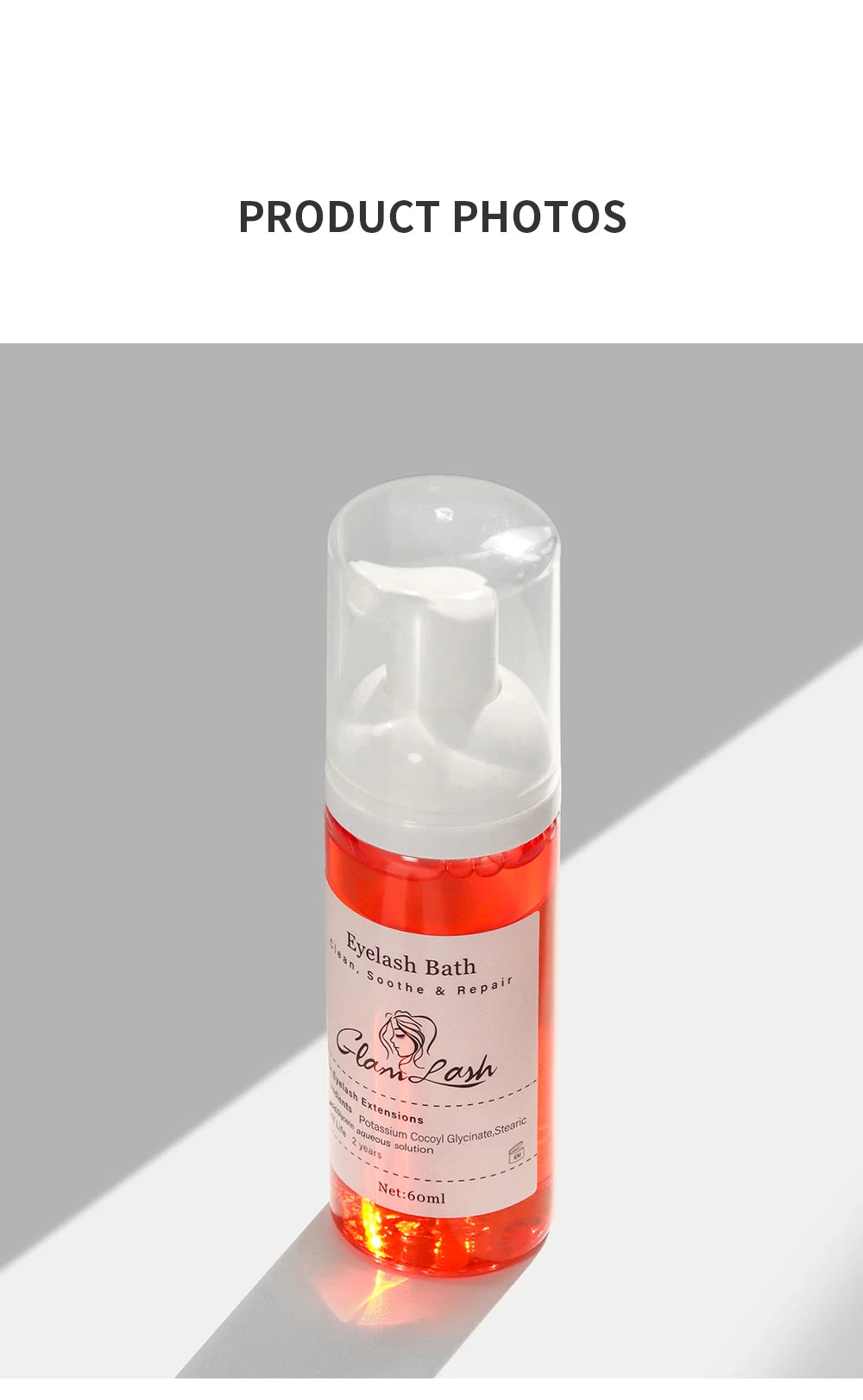 GLAMLASH 60ml No tears Formula Fruit Scent Eyelash Foam Cleanser For Lash Extension Shampoo Pump Press Lash Washing Bottles