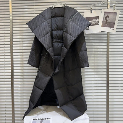 Winter Big Turn Down Collar Long Down Jacket Drawstring Striped Thick Knee Length Overcoat Warm White Duck Down Jacket Women