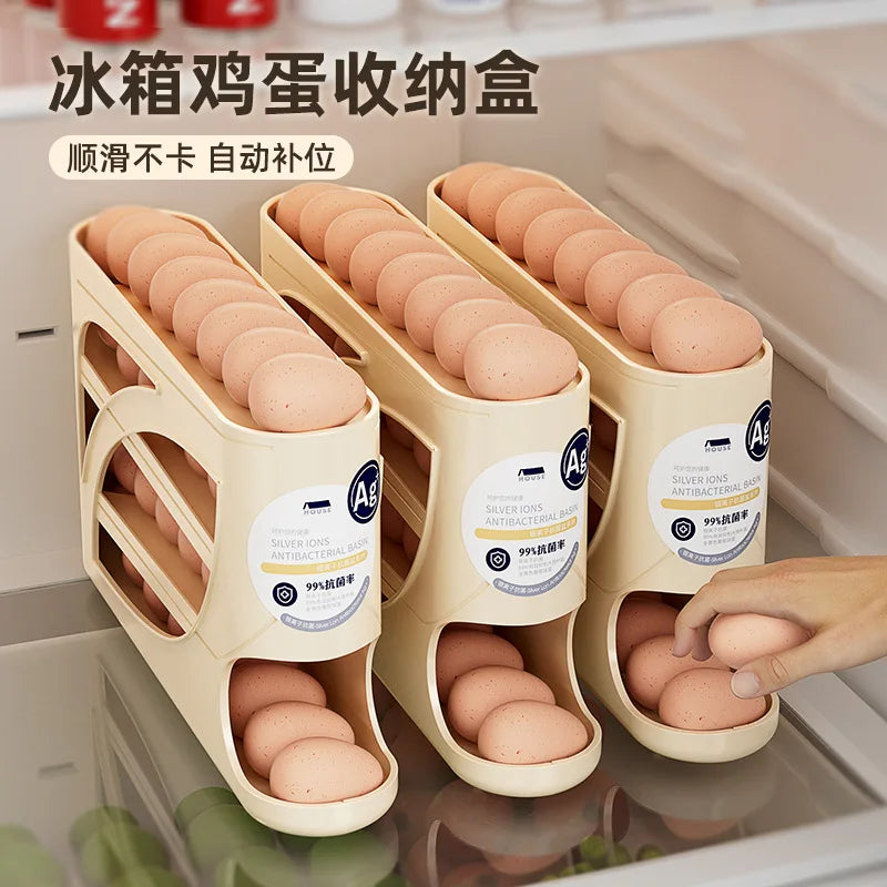 Large Capacity 30 Eggs Holder for Fridge Auto Rolling Egg Organizer, Space-Saving, 4 Tiers Fridge Egg Rack Eggs Dispenser