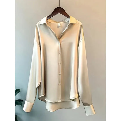 Fashion Casual Office Lady Silk Blouses Autumn Long Sleeve Button Up Shirt Women Elegant Winter Tops  Office Lady Acetate Blouse