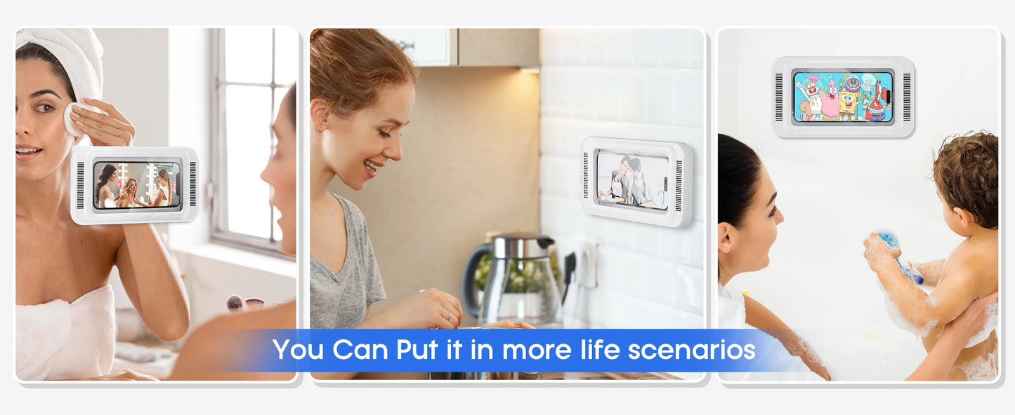 Shower Phone Holder with Speaker  480 Rotation, Wall Phone Mount for Shower Waterproof Anti Fog Shower Case for 4-7" Phones