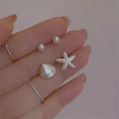 Fashion Asymmetric Ocean Style Earrings Stud  For Women Starfish Shell Earring Ear Ring Imitation Pearl Zircon Jewelry Gift