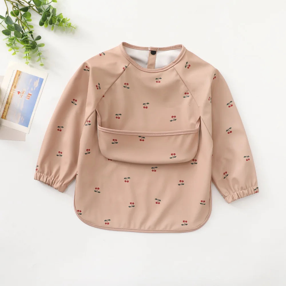 New Children Feeding Aprons Long Sleeve Baby Bib With Pocket Full Cover Kid Gown With Bag Waterproof Long-Sleeve Smock