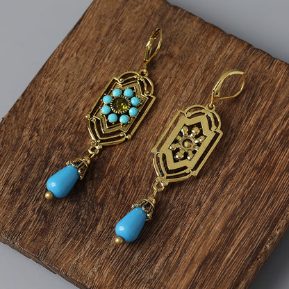 Hidden Blue Beads Teardrop Stone Earrings Gothic Women's Accessories Rectangular Metal Carved Bohemian Earrings