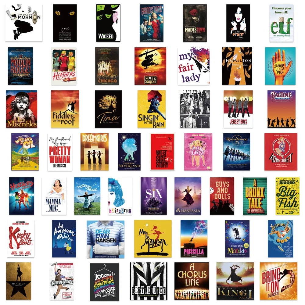 Broadway Musical Stickers, 52Pcs Pack, Classic Musical Stickers, Vinyl Waterproof Decals, Stickers for Laptop, Hydro Flask,