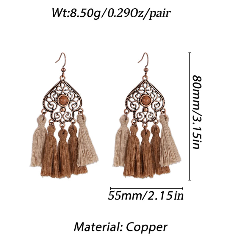 Bohemian Brown Geometric Fringe Earrings for Women Vintage Hollow Flower Beads Tassel Earrings Girls Party Jewelry Gifts
