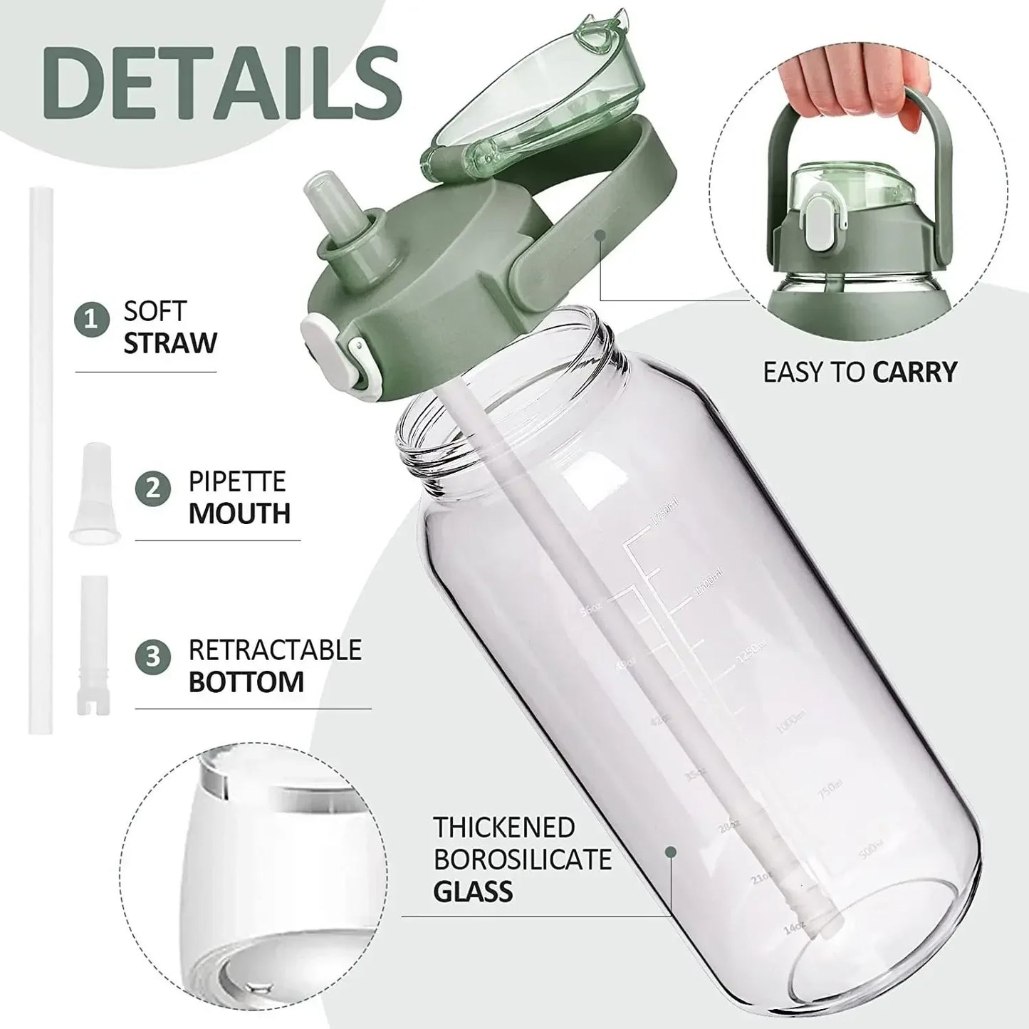 1000ML Glass Water Bottles with Straw, Glass Bottle with Silicone Sleeve and Time Marker, for Gym Camping Home Office