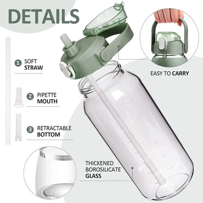 1000ML Glass Water Bottles with Straw, Glass Bottle with Silicone Sleeve and Time Marker, for Gym Camping Home Office