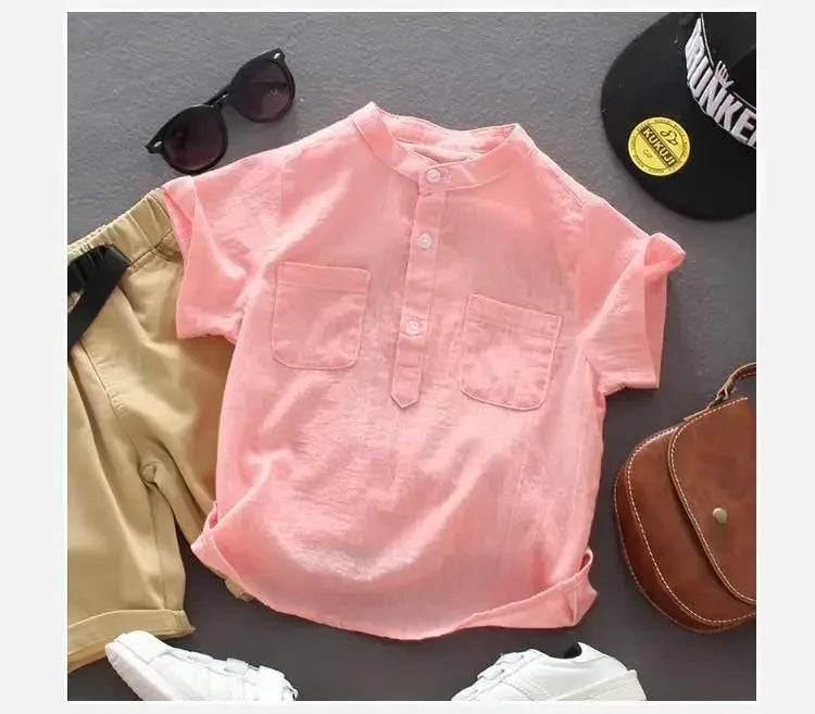 Kids Boys Blouses Shirt 2024 New Arrival Summer Baby Boys Casual Tops White Pink Blue Linen Blouses Kids Summer Clothing
