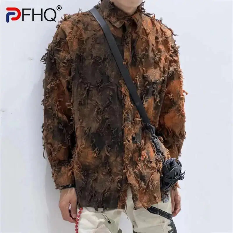 PFHQ Tie Dye Patchwork Shirts Men's Turn-down Collar Long Sleeve Tops Personalized Single Breasted Tassel Male Clothing 21Z9142