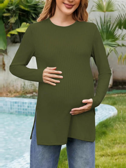 Spring New Maternity Clothes Round Neck Solid Color Slit Long Sleeve Base T-shirt Tops For Pregnant Women Maternity Wear