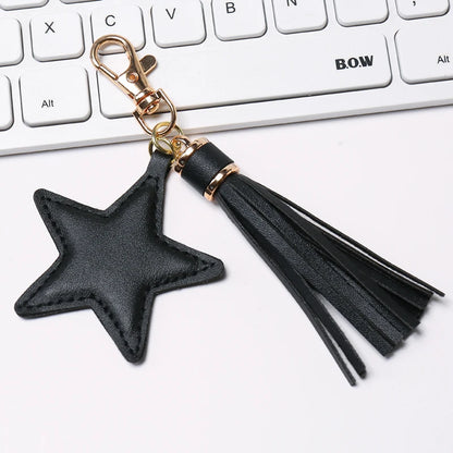 Fashion PU leather Tassel Key Chain for Women Girl Star Pendant Lobster Clasp Key Rings Bag Accessories