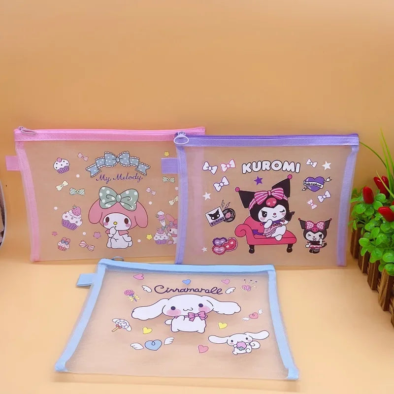 Sanrio Mesh Pen Bag Kuromi Cinnamoroll Cartoon Student Waterproof Storage Bag Translucent Matte Student Supplies