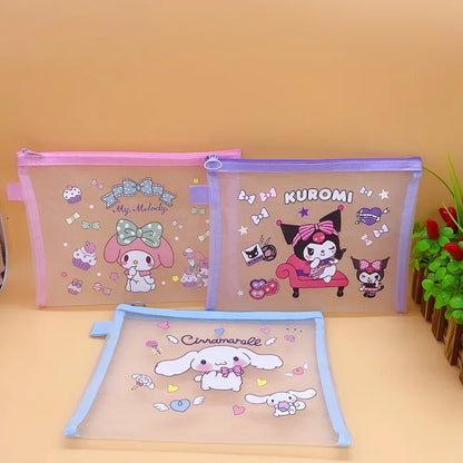 Sanrio Mesh Pen Bag Kuromi Cinnamoroll Cartoon Student Waterproof Storage Bag Translucent Matte Student Supplies