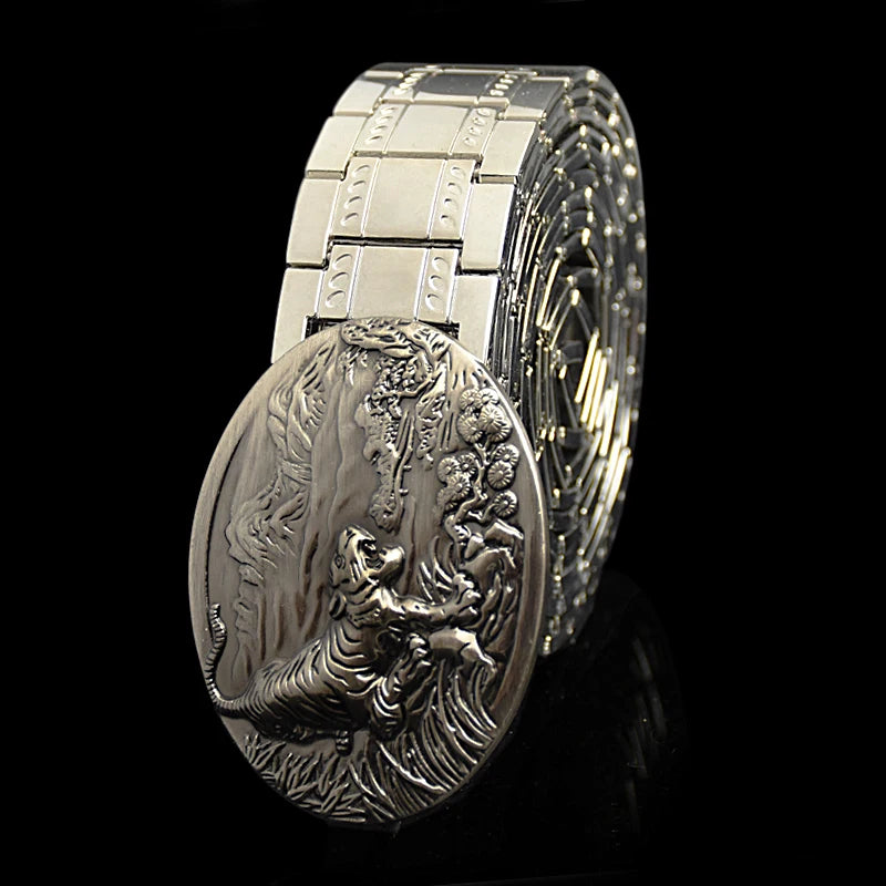 Men's belt metal stainless steel belt silver dragon retro-cologne silver belt high-end designer steel belt personality belt