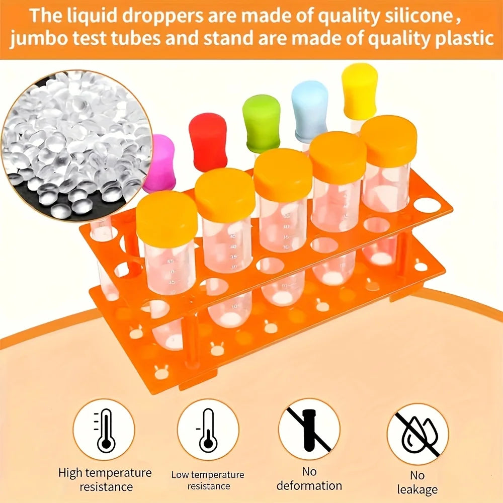 Sports skill development tool kit, including extra large test tubes, colored silicone droppers, durable orange storage boxes and