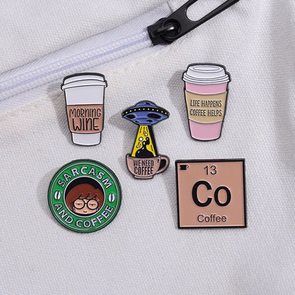 Creative Coffee Enamel Brooch Spaceship Coffee Elements Need By Coffee Power Books Cat Coffee Cups Metal Badge Lapel Pin Jewelry