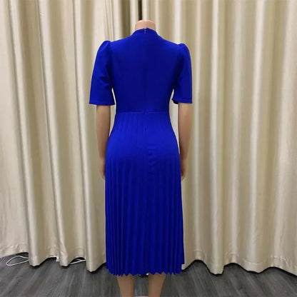 Elegant Office Dresses Pleated Woman 2025 New O Neck Short Sleeve Mid Calf Formal Business Work Wear Dress Midi Vestidos Mujer