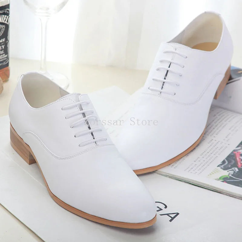 3CM Heels Men Wedding Shoes Genuine Leather White Black Oxford Dress Business Suit Shoe Lace Up Point Toe Formal Shoes Handmade